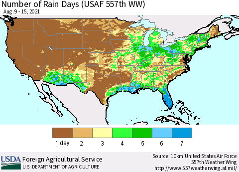 United States Number of Rain Days (USAF 557th WW) Thematic Map For 8/9/2021 - 8/15/2021