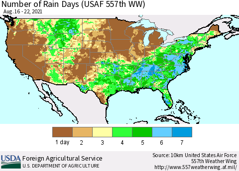 United States Number of Rain Days (USAF 557th WW) Thematic Map For 8/16/2021 - 8/22/2021