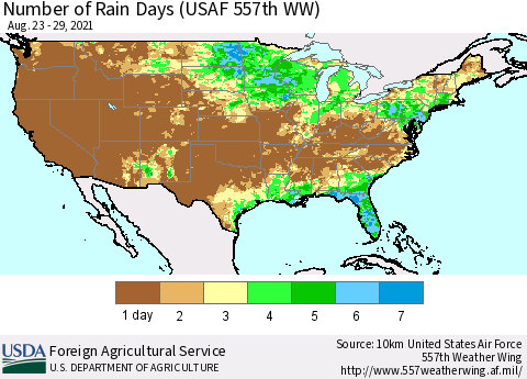 United States Number of Rain Days (USAF 557th WW) Thematic Map For 8/23/2021 - 8/29/2021