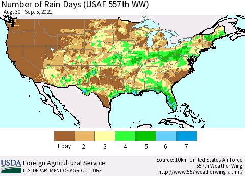 United States Number of Rain Days (USAF 557th WW) Thematic Map For 8/30/2021 - 9/5/2021