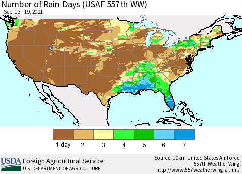 United States Number of Rain Days (USAF 557th WW) Thematic Map For 9/13/2021 - 9/19/2021