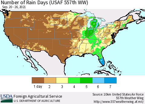 United States Number of Rain Days (USAF 557th WW) Thematic Map For 9/20/2021 - 9/26/2021