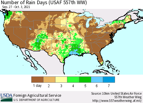 United States Number of Rain Days (USAF 557th WW) Thematic Map For 9/27/2021 - 10/3/2021