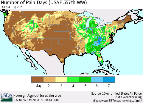 United States Number of Rain Days (USAF 557th WW) Thematic Map For 10/4/2021 - 10/10/2021
