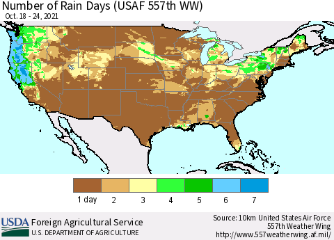 United States Number of Rain Days (USAF 557th WW) Thematic Map For 10/18/2021 - 10/24/2021