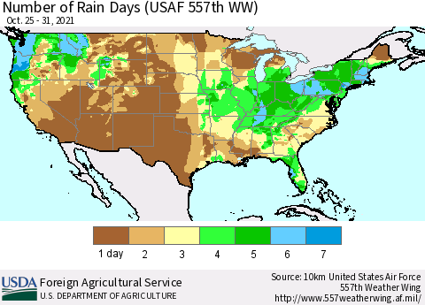 United States Number of Rain Days (USAF 557th WW) Thematic Map For 10/25/2021 - 10/31/2021