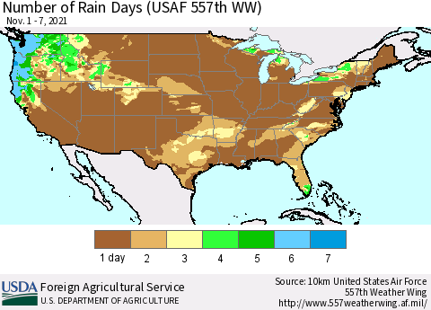 United States Number of Rain Days (USAF 557th WW) Thematic Map For 11/1/2021 - 11/7/2021