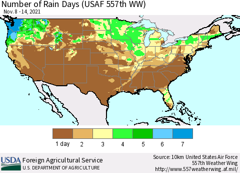 United States Number of Rain Days (USAF 557th WW) Thematic Map For 11/8/2021 - 11/14/2021