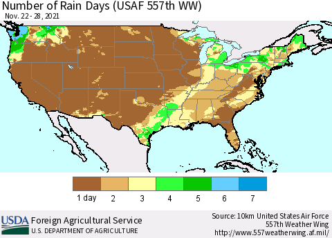 United States Number of Rain Days (USAF 557th WW) Thematic Map For 11/22/2021 - 11/28/2021