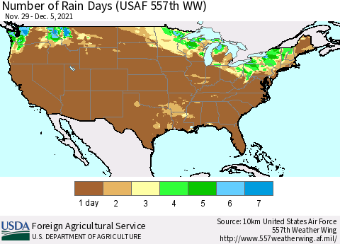 United States Number of Rain Days (USAF 557th WW) Thematic Map For 11/29/2021 - 12/5/2021