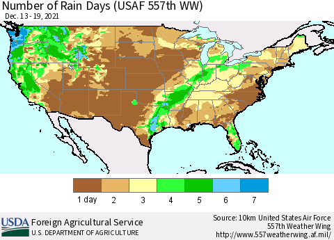 United States Number of Rain Days (USAF 557th WW) Thematic Map For 12/13/2021 - 12/19/2021