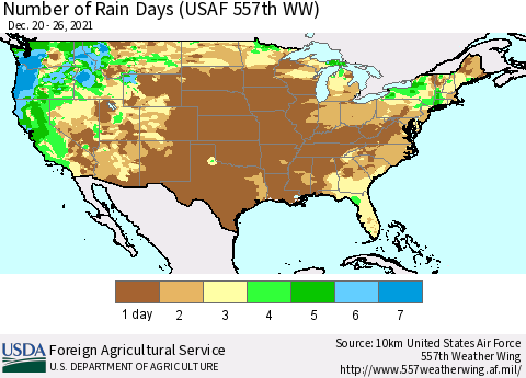 United States Number of Rain Days (USAF 557th WW) Thematic Map For 12/20/2021 - 12/26/2021