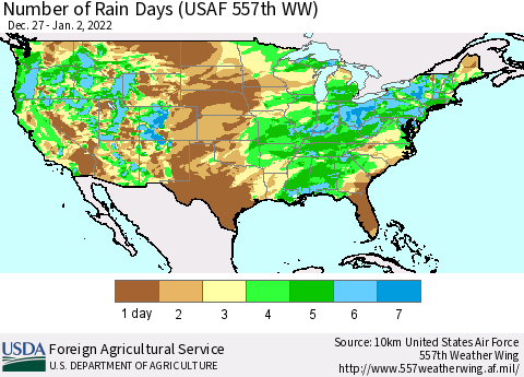 United States Number of Rain Days (USAF 557th WW) Thematic Map For 12/27/2021 - 1/2/2022
