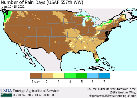 United States Number of Rain Days (USAF 557th WW) Thematic Map For 1/10/2022 - 1/16/2022