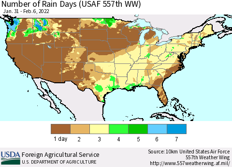 United States Number of Rain Days (USAF 557th WW) Thematic Map For 1/31/2022 - 2/6/2022