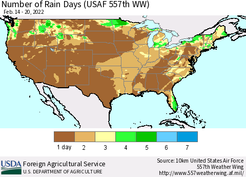 United States Number of Rain Days (USAF 557th WW) Thematic Map For 2/14/2022 - 2/20/2022