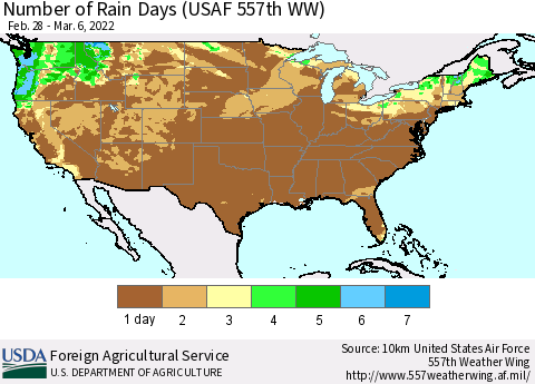 United States Number of Rain Days (USAF 557th WW) Thematic Map For 2/28/2022 - 3/6/2022