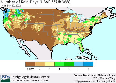United States Number of Rain Days (USAF 557th WW) Thematic Map For 3/14/2022 - 3/20/2022