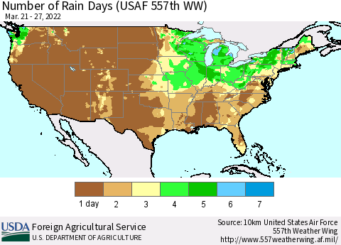 United States Number of Rain Days (USAF 557th WW) Thematic Map For 3/21/2022 - 3/27/2022