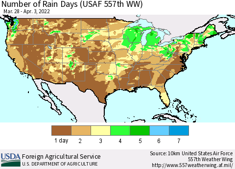 United States Number of Rain Days (USAF 557th WW) Thematic Map For 3/28/2022 - 4/3/2022