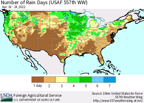 United States Number of Rain Days (USAF 557th WW) Thematic Map For 4/18/2022 - 4/24/2022