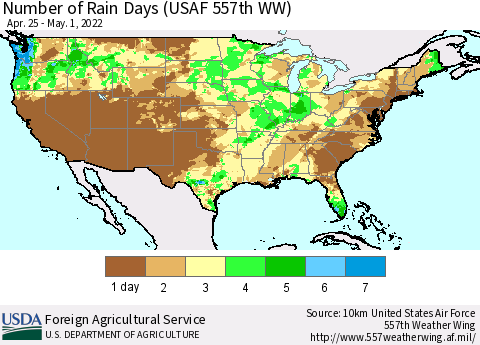 United States Number of Rain Days (USAF 557th WW) Thematic Map For 4/25/2022 - 5/1/2022