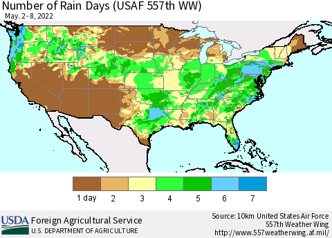United States Number of Rain Days (USAF 557th WW) Thematic Map For 5/2/2022 - 5/8/2022