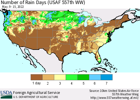 United States Number of Rain Days (USAF 557th WW) Thematic Map For 5/9/2022 - 5/15/2022
