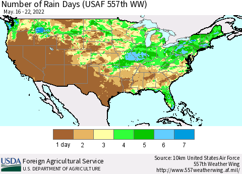 United States Number of Rain Days (USAF 557th WW) Thematic Map For 5/16/2022 - 5/22/2022