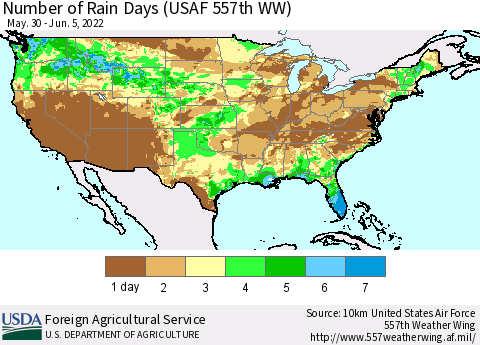 United States Number of Rain Days (USAF 557th WW) Thematic Map For 5/30/2022 - 6/5/2022