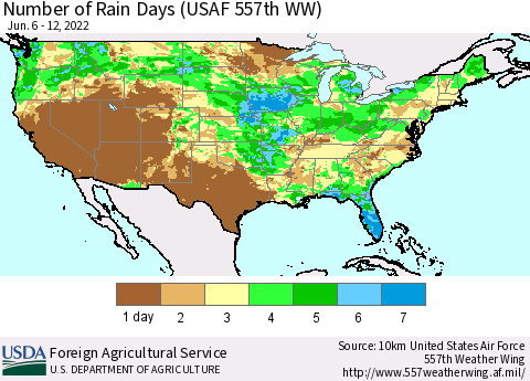 United States Number of Rain Days (USAF 557th WW) Thematic Map For 6/6/2022 - 6/12/2022