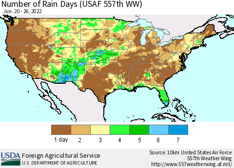 United States Number of Rain Days (USAF 557th WW) Thematic Map For 6/20/2022 - 6/26/2022