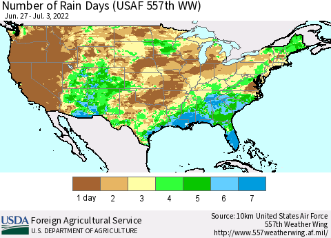 United States Number of Rain Days (USAF 557th WW) Thematic Map For 6/27/2022 - 7/3/2022