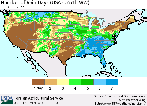 United States Number of Rain Days (USAF 557th WW) Thematic Map For 7/4/2022 - 7/10/2022