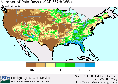 United States Number of Rain Days (USAF 557th WW) Thematic Map For 7/18/2022 - 7/24/2022