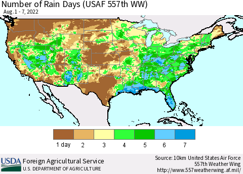 United States Number of Rain Days (USAF 557th WW) Thematic Map For 8/1/2022 - 8/7/2022