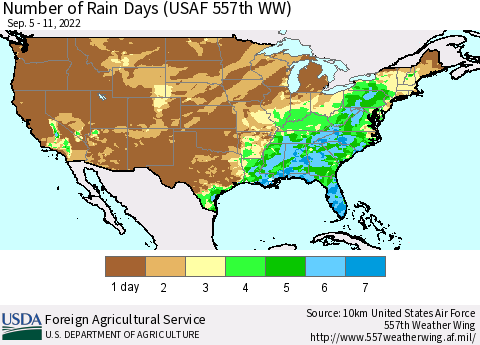 United States Number of Rain Days (USAF 557th WW) Thematic Map For 9/5/2022 - 9/11/2022