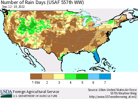 United States Number of Rain Days (USAF 557th WW) Thematic Map For 9/12/2022 - 9/18/2022
