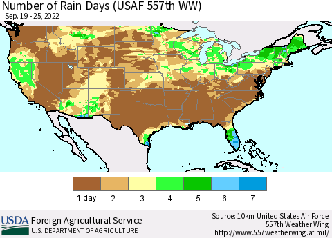 United States Number of Rain Days (USAF 557th WW) Thematic Map For 9/19/2022 - 9/25/2022