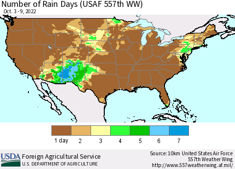 United States Number of Rain Days (USAF 557th WW) Thematic Map For 10/3/2022 - 10/9/2022