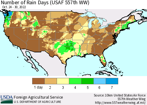 United States Number of Rain Days (USAF 557th WW) Thematic Map For 10/24/2022 - 10/30/2022