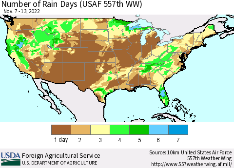 United States Number of Rain Days (USAF 557th WW) Thematic Map For 11/7/2022 - 11/13/2022