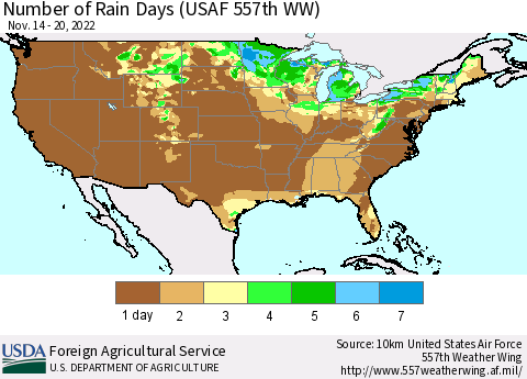 United States Number of Rain Days (USAF 557th WW) Thematic Map For 11/14/2022 - 11/20/2022