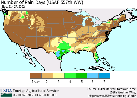 United States Number of Rain Days (USAF 557th WW) Thematic Map For 11/21/2022 - 11/27/2022