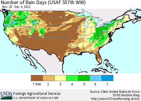 United States Number of Rain Days (USAF 557th WW) Thematic Map For 11/28/2022 - 12/4/2022