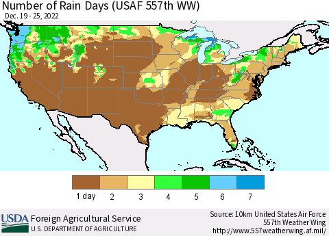 United States Number of Rain Days (USAF 557th WW) Thematic Map For 12/19/2022 - 12/25/2022