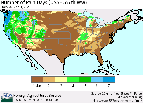 United States Number of Rain Days (USAF 557th WW) Thematic Map For 12/26/2022 - 1/1/2023