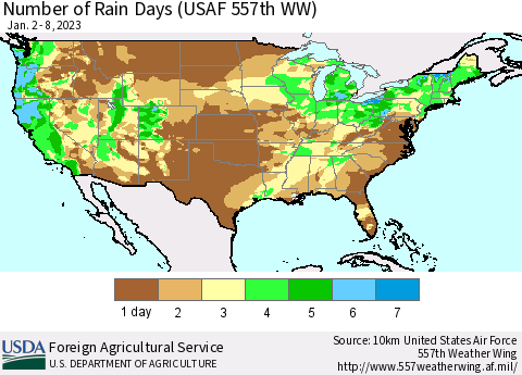 United States Number of Rain Days (USAF 557th WW) Thematic Map For 1/2/2023 - 1/8/2023