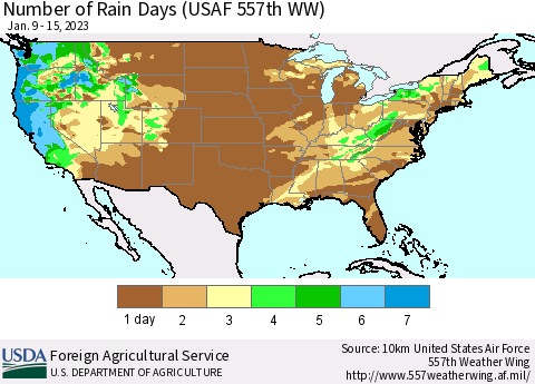 United States Number of Rain Days (USAF 557th WW) Thematic Map For 1/9/2023 - 1/15/2023