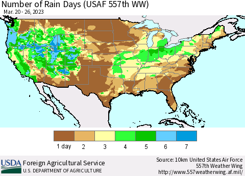 United States Number of Rain Days (USAF 557th WW) Thematic Map For 3/20/2023 - 3/26/2023